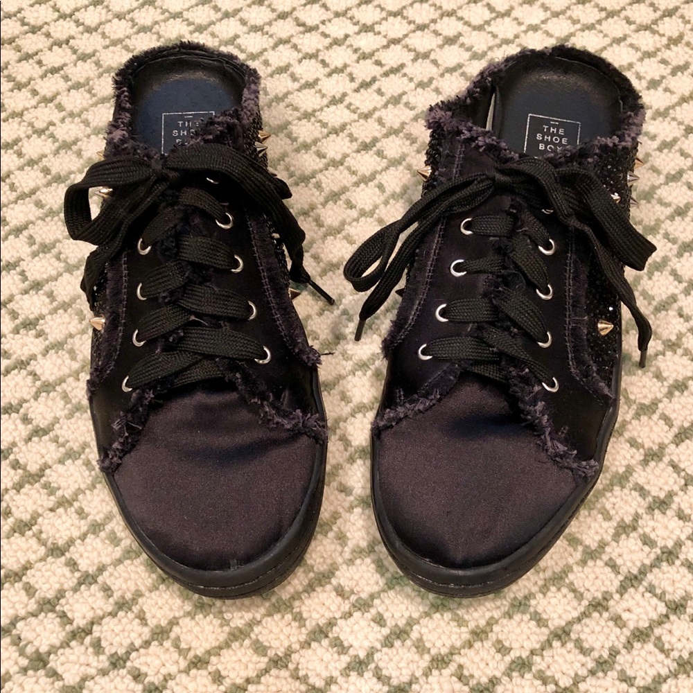 The Shoe Box Black Satin and Studded Sneakers